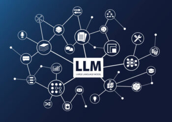 LLM word with icons as vector illustration. AI concept of Large Language Models